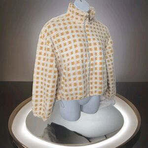 Esmeling Women's Yellow Cropped Sherpa Fleece Plaid Jacket Chunky Outerwear Sz M